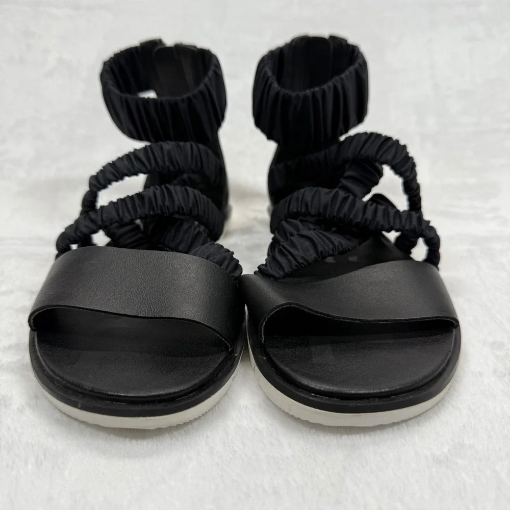 Sorel Gladiator Sandals Ruched Straps Back Zipper Black Leather Size 6.5‎